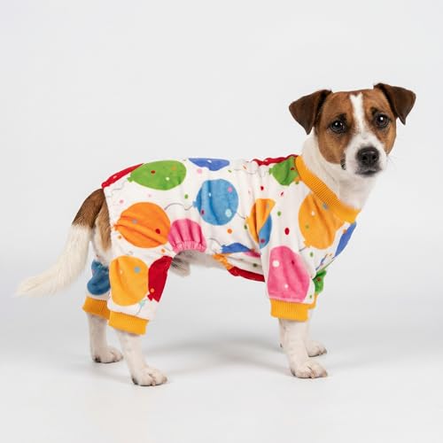 Image of Fitwarm Balloon Dog Fleece Pajamas, Birthday Outfit for Small Dogs Boy Girl, Cozy Pet Onesie with Feet, White, Yellow, Red, Blue, Green, Medium