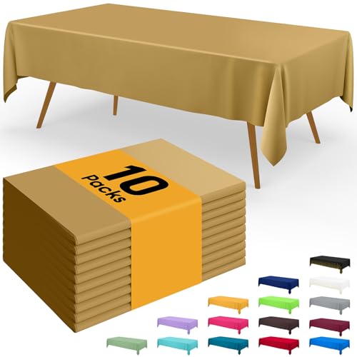 Image of Smiry Disposable Table Cloth - 10 Pack, 54 x 108 Inch Waterproof Rectangle Tablecloths for Parties, Decorative Plastic Table Cover, Leakproof & Sturdy, Gold