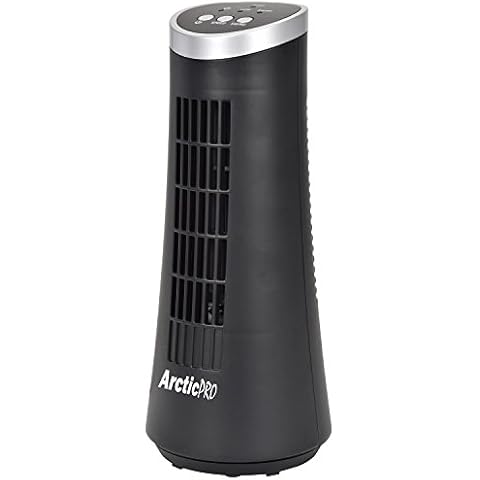 Arctic-Pro MINI DESK OSCILLATING TOWER FAN Slim and Compact Size, 2-Speed, Ultra-Quiet Operation, Convenient Carrying Handle, 75 Degrees of Oscillation For Powerful Circulation, 12 Inches, Black Cover