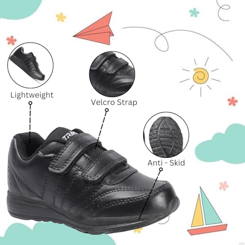 Image of TRASE School Shoes Black for Boys and Girl | Premium Light Weight EVA Sole | White and Black Colors Available| Without Laces 5 Years to 16 Years