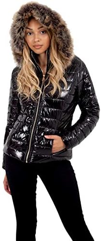 wet look jacket with fur hood