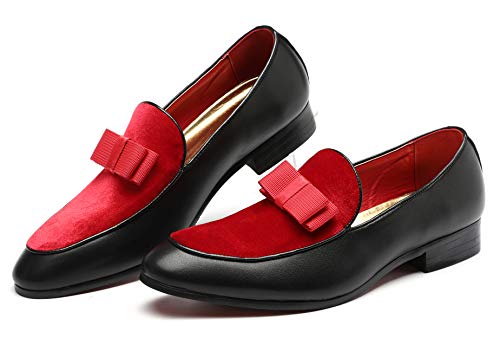 Mens Loafers Velvet Driving Shoes for Men Leather Moccasin Wedding Dress Smoking Slipper Bow Black Red4