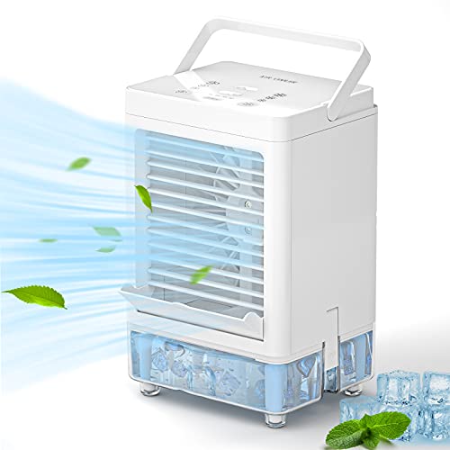 SOKOO Air Cooler Fan, Portable 5000mAh Rechargeable Battery Operated Air Conditioner Fan with 3 Wind Speed, Touch Control Cooling Fan with 800ml Water Tank Easy to Refill Water or Ice SOKOO Air Cooler Fan, Portable 5000mAh Rechargeable Battery Operated Air Conditioner Fan with 3 Wind Speed, Touch Control Cooling Fan with 800ml Water Tank Easy to Refill Water or Ice