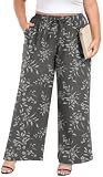 Lastshe Plus Size Pants for Curvy Women Wide Leg Elastic High Waisted Pants Casual Linen Summer Beach Boho Palazzo Lounge Trousers,White Carvings Grey,2X