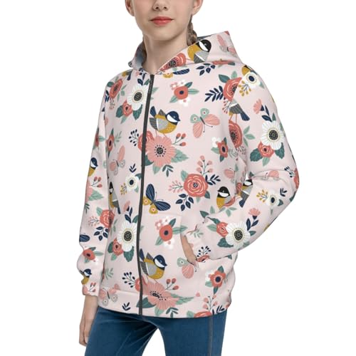 Cute Spring Birds and Flowers Kid Hoodies Boys Zip Up Sweatshirts Girls Pullover with Pocket