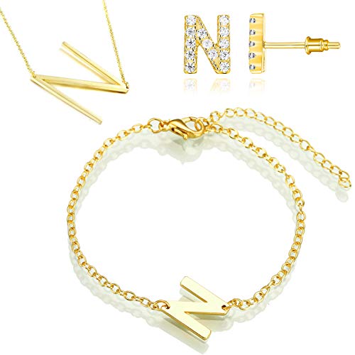 Cocadant Gold Large Initial Necklace,Gold Initial Bracelet,Gold Initial Stud Earrings for Women Girls Men,Stainless Steel Letter Name Fashion Jewelry Set Gifts,Alphabet 26 A-Z (N)