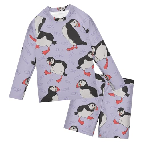 Aflyko Kids' Bathing Suit Set Puffin Bird Fish Long Sleeve Swim Tops with Shorts Summer Vacation Pool Party Rashguard Fun Cute Infant Beachwear, 4T Multicoloured