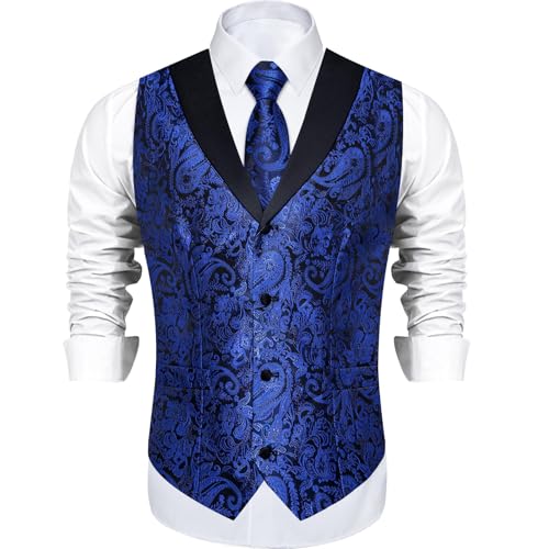 Image of DiBanGu Mens Paisley Suit Vest Silk Jacquard Waistcoat and Necktie Set Formal Shawl Collar Dress Vest 7PCS for Wedding Party