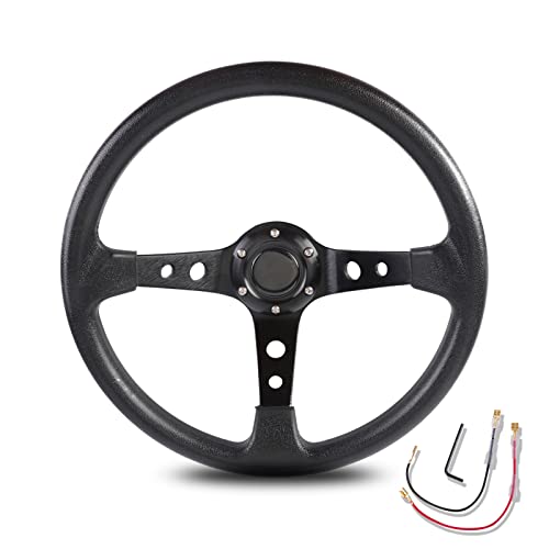 Universal Deep Dish Racing Steering Wheel Drifting 13.8â€/350mm Steering Wheels With Horn Button, Grip Polyurethane Leather & Brushed Aluminum Alloy 6 Bolts Spoke For Car Boat Racing Game UTV (Black)