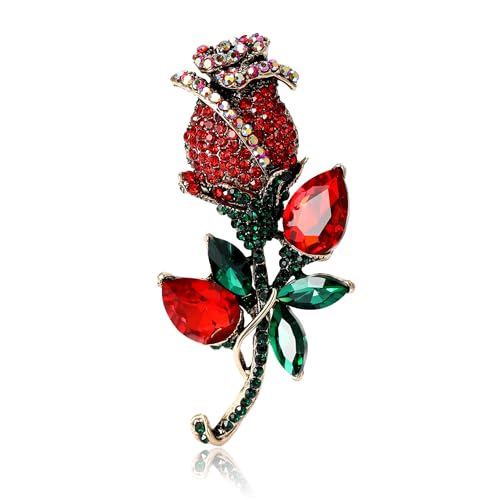 Image of YOQUCOL Elegant Cubic Zirconia Crystal Rhinestone Red Rose Shape Brooch Pin for Women Grils