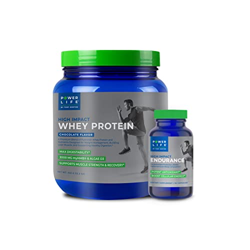 POWERLIFE Tony Horton High Impact Grass Fed Whey Protein with 3000 MG of HMB, No Sugar Added, Non-GMO (Chocolate) + High Impact Endurance
