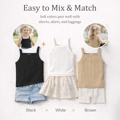 Image of ROMPERINBOX Toddler Tank Tops Girls Spaghetti Strap Ribbed Knit 3 Pack Sleeveless Casual Basic Cami Top for 12M-4T