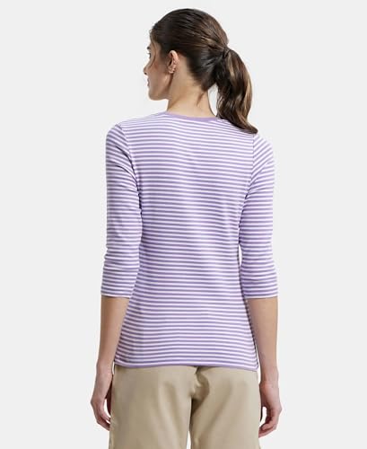 Image of Jockey 1360 Women's Super Combed Cotton Elastane Stretch Slim Fit Striped Round Neck Three Quarter Sleeve T-Shirt