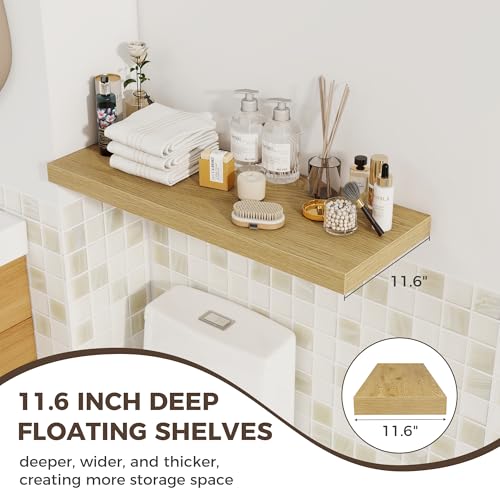 Image of Fun Memories Deep Floating Shelves, 32W x 12D Oak Wall Shelves, 32 Long Rustic Wood Wide Storage Shelves for Bedroom, Kitchen, Farmhouse, Laundry Room, Bedroom, Kitchen, Home Office- Set of 2