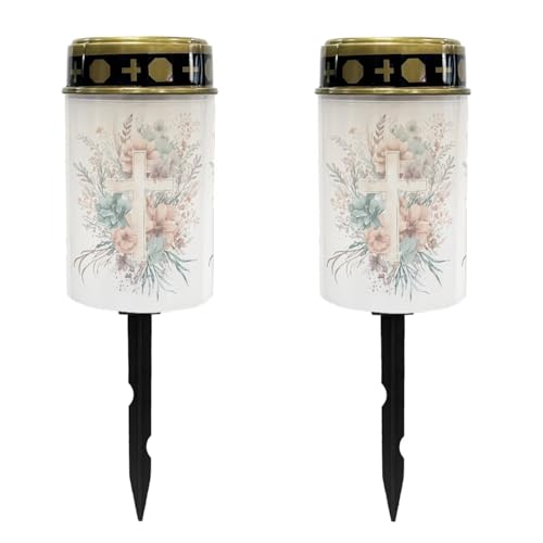 Image of Cross and Floral Light for Prayer Cemetery Solar Lights for Grave Cemetery Decor Candle Lamp Waterproof Solar Power Light Eternal Lights for Graves Cemetery Memorial Gift 2 PCS