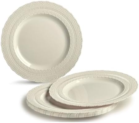 " OCCASIONS " 50 Plates Pack (25 Guests)-Extra Heavyweight Vintage Wedding Disposable/Reusable Plastic Plates -25 x 11'' Dinner + 25 x 8.25'' Salad/dessert (Chateau Collection Ivory) - 2