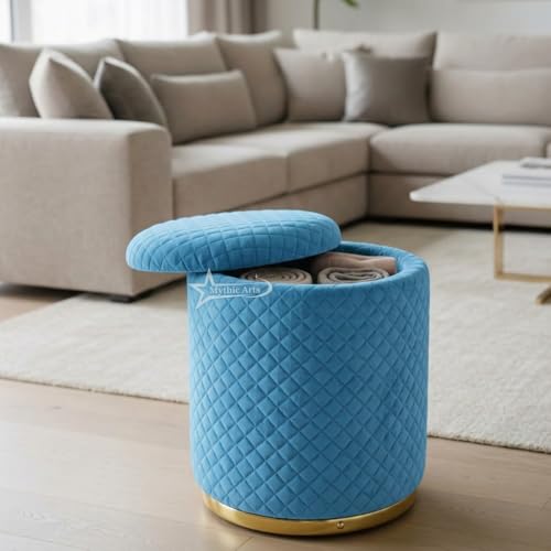 Image of Premium Round Storage Ottoman Stool 13 X 13X 16 inch, with Gold Metal Base | Luxury Pouffe with Hidden Storage | Cushioned Footrest for Living Room, Bedroom & Lounge Sky Blue