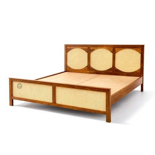 Image of SHRI MINTU'S ART Wooden Cane Bed with Rattan Panels | Solid Wood Platform with Arched Headboard and Footboard | Bedroom Furniture Bed Structure for Mattress Support (72x81) Inch King Size Bed (Brown)