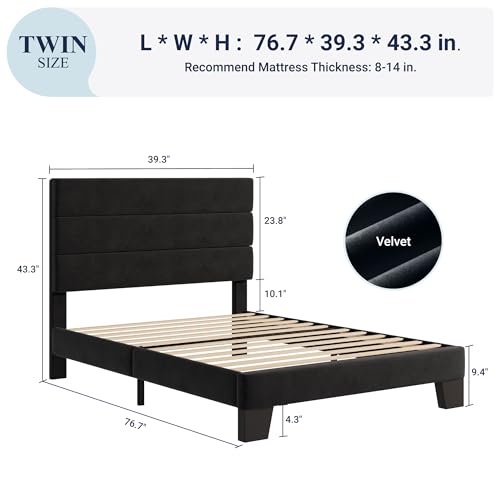 Allewie Twin Size Platform Bed Frame with Velvet Upholstered Headboard and Wooden Slats Support, Fully Upholstered Mattress Foundation/No Box Spring Needed/Easy Assembly, Black