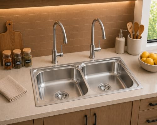 Image of Stainless Steel Kitchen Sink 45x20 Inch | Double Bowl Kitchen Sink | With Stainless Steel Waste Coupling & PVC Pipe | Heavy Gauge & Corrosion Resistant