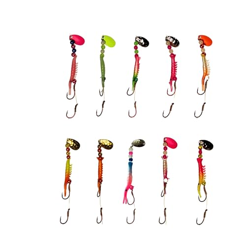 KOKOPROS Kokanee Fishing Shrimp 10 Pack - Multicolor Spinner Blades Colored Beads Sharp Red Octopus Hooks - Needle Point Durable Plastic Shrimp Lures for Kokanee & Trout Fishing