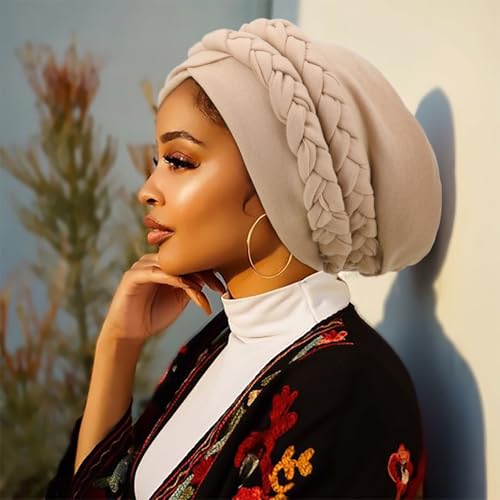 Image of DRESHOW African Women Turban Caps Cotton Beanie Twist Headscarf Pre-Tied Double Twisted Braids Wrap Hat Chemo Cancer Cap