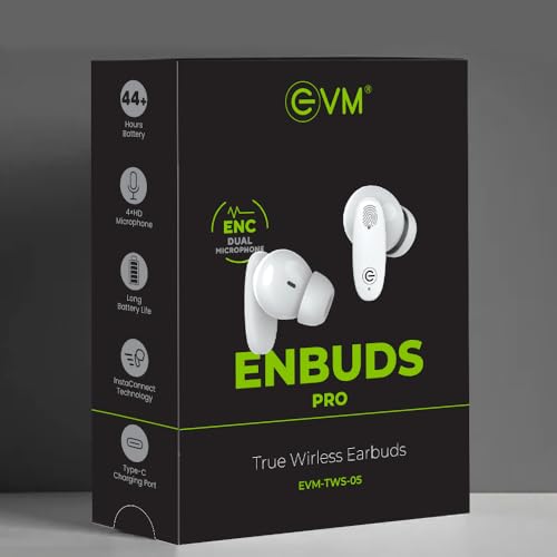 Image of EVM EnBuds Pro TWS - 44 Hours Playtime - True Wireless Earbuds with ENC & Quad Mics - Type C Charging Port - 13mm Speakers, 500 mAh Battery & BT 5.3-1 Year Warranty (EVM-TWS-05-White)