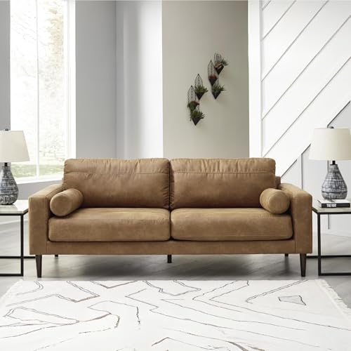 Image of Signature Design by Ashley Telora Faux Leather 3 Seater Sofa Couch, Caramel | Medium plush fiber-wrapped foam seating, Track arms, Loose back cushions, Mid-century modern style