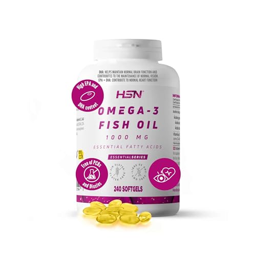 HSN Omega 3 1000mg Aceite de Pescado (18% EPA + 12% DHA) | 240 Perlas | Con Vitamina E | Ausencia de Contaminantes y Oxidación | Sin Olor ni Sabor | No-GMO, Sin Gluten ni Lactosa
