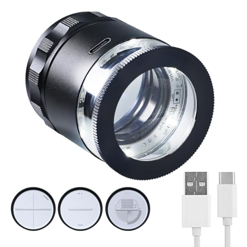 10X Rechargeable Jewelers Loupe with LED Lights and 3 Reticle Scales, 25 mm Field of View, Adjustable Focal Length Loupe Magnifier Jewelry Magnifying Glass for Gems, Coins, Watch, Stamps, Plants