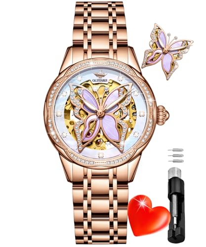 Image of OLEVS Womens Diamond Watches Automatic Mechanical Gold Luxury Dress Ladies Self Winding Original Stainless Steel Wrist Watch