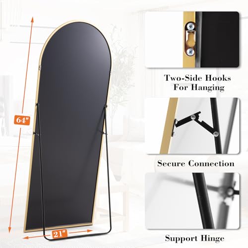 DUMOS 64"x21" Arched Full Length Mirror with Stand Floor Free Standing Aluminum Frame for Bedroom Body Hanging Leaning Modern Simple Home Decor Shatter-proorf Nano Glass Wall, Gold-Rounded