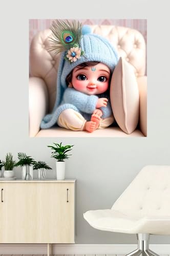 Image of Akki Wold Blue Hidding Kanha On White Soffa Wall Poster For Living Room, Office, Pooja Room (Size - 41CM X 41CM)