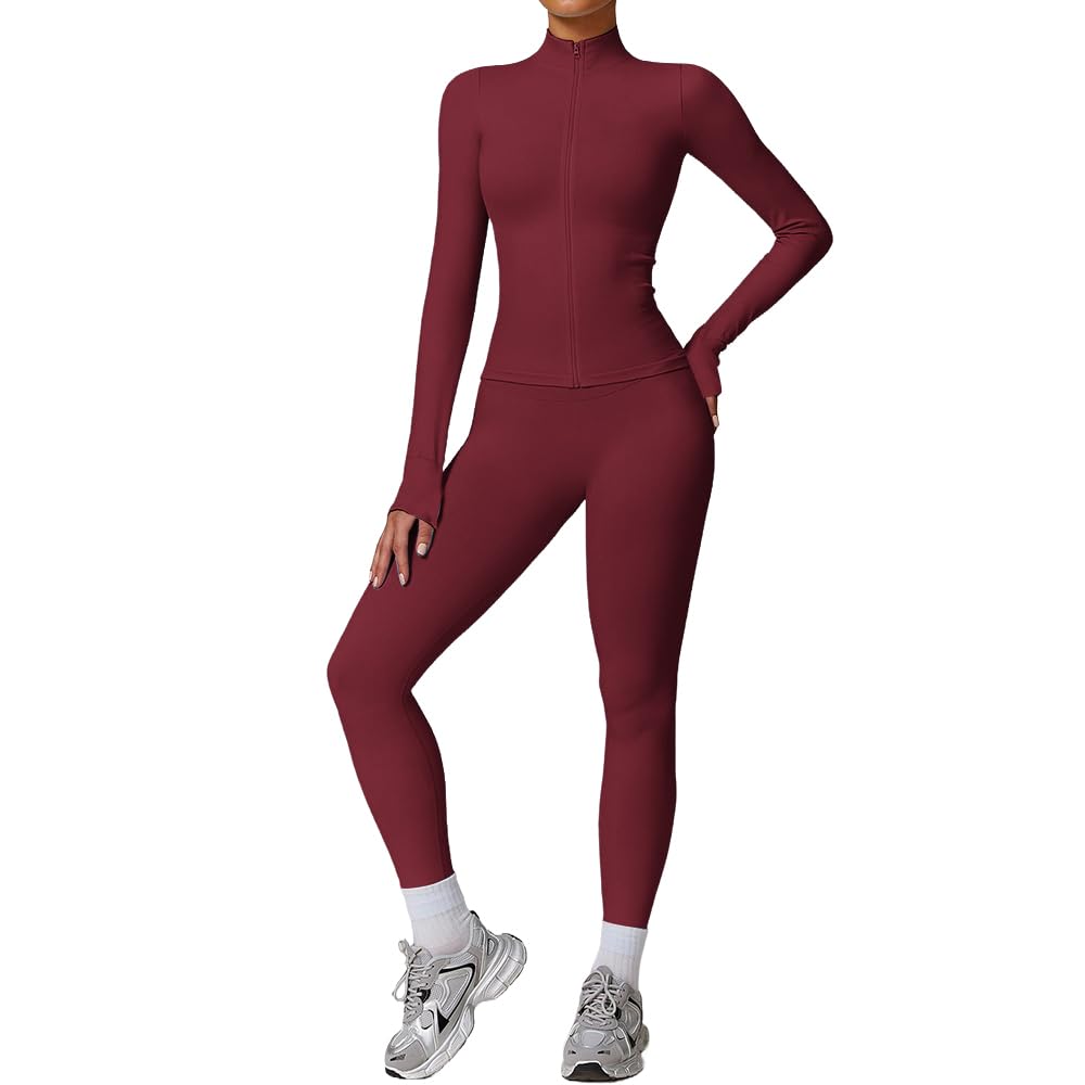 JN JANPRINT Conjunto de 2 piezas de gimnasio para mujer, traje de yoga, manga larga, ropa deportiva con cremallera, leggings de entrenamiento, ropa de fitness
