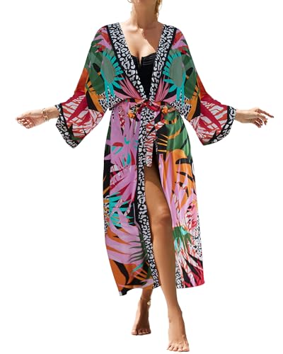 Bsubseach Kimono Cardigans para Mujer Traje de baño Cubierta Casual Verano Plumífero Frente Abierto Cubierta de Playa Estampado de Hoja Colorida