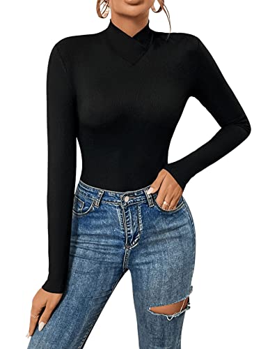GORGLITTER Body de punto para mujer, cuello alto, bodies elásticos, manga larga, Negro , XS Cover