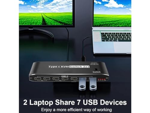 Image of MICROWARE 2X1 USB-C KVM Switch 2 PCs Share 1 Monitor + 3 USB Devices + 3.5mm Audio, 8K@60Hz USB C KVM Switch 100W PD, 2 Channel Type C PC to one HDMI /DP Output