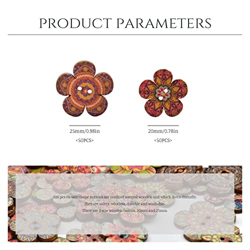 Skyzone Wooden Buttons,100PCS Flower Shape Buttons Retro Craft Button Handmade Colorful Printed Decorative Buttons with 2 Holes for Cardigans Knitting DIY Sewing Crafts (20mm and 25mm 50Pcs Each) - Image 2