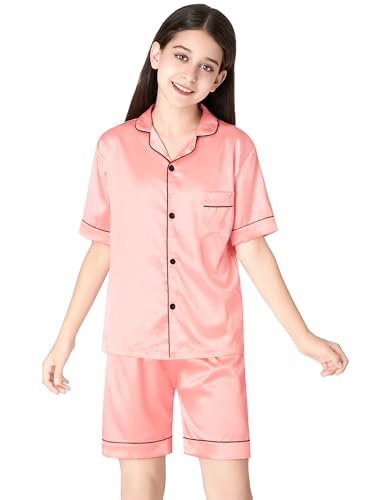 Beezizac Little & Big Girls Pajama Set Size 6-16 -Pink/Blue/Turquoise/Peach Satin Silky Cute Summer Shorts Outfit3