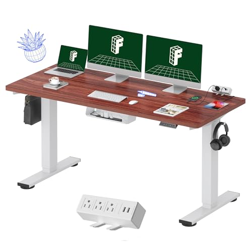 Image of FLEXISPOT EN2 Whole-Piece Standing Desk with Clamp Power Strip, 60 x 24 Electric Stand Up Height Adjustable Desk with Cable Management (White Frame + 60 inch Mahogany Desktop, 2 Packages)