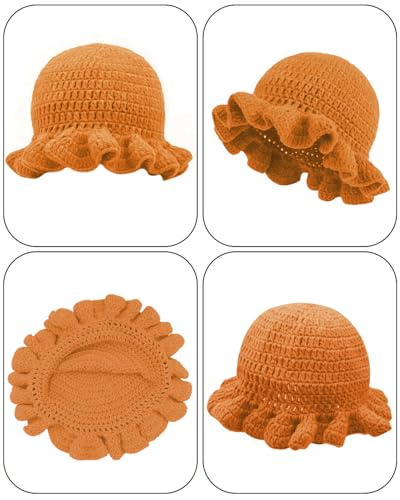 Image of Women Crochet Bucket Hat Cute Winter Ruffled Brim Floppy Cap Handmade Knit Cloche Hats