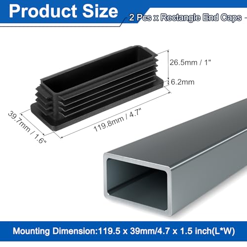 Image of uxcell 2 Pcs Rectangle Tubing End Caps 4 3 /4 x 1 9 /16 Inch Plastic Hole Plugs Insert End Cap for Metal Tubing Post Chair Leg Table Bookshelves Furniture, Black