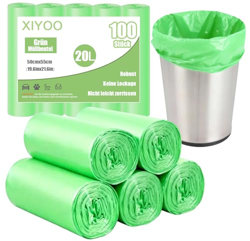 XIYOO Biomüllbeutel 20L Müllsäcke 100 Stück Grün Abfallbeutel Reißfest Mülltüten Geeignet für Badezimmer Küche Büro