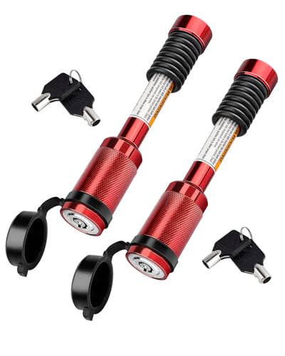 METOWARE Trailer Hitch Lock, Tailer Receiver Lock Fits Class III/IV, 2\", 2-1/2\" Hitch Receiver with 5/8\" Dia Pin and 8 Rattle Rubber O-Rings, for Trailer, Truck, Car, Boat (Red, 2 Pack)