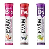 EVÄM 3er Brausetabletten Mix Pack I 3x 20 Stück I Sorten B12, Eisen + C und D3 I Vegan B12+ Eisen+C und Vegetairsch D3 I Zuckerfrei I Made in Germany