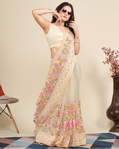 Image of VAIRAGEE Women's Beautiful Soft Net Embroidery Saree With Unstitched Blouse 6079