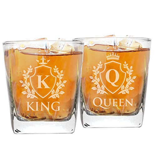 My Personal Memories King and Queen 9 oz Whiskey Rocks, Stemless Wine, Pint Beer Heavy Base Glasses Gift Set of 2 (Whiskey Rocks Set of 2)