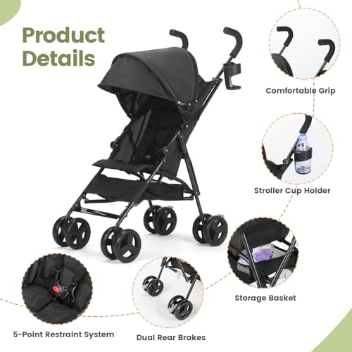 Image of One-Handed Folding Lightweight Stroller, Large Storage Basket, Canopy, Cup Holder, Compact Umbrella Stroller Durable Frame, 3-36M Travel Stroller for Airplane Ultra Overhead Friendly (Black)
