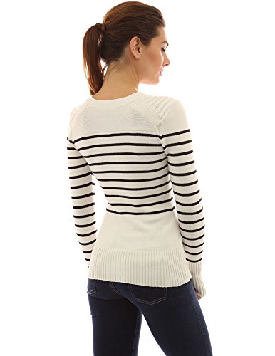 PattyBoutik Women Crewneck Striped Military Sweater (Ivory and Black X-Large) - Thumbnail 3
