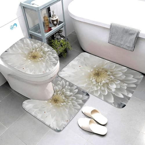 Dwrepo White Parttern Print Bathroom Rug Set 3 Piece with Non-Slip U-Shaped Contour Mat and Toilet Lid Cover for Bathroom Decoration